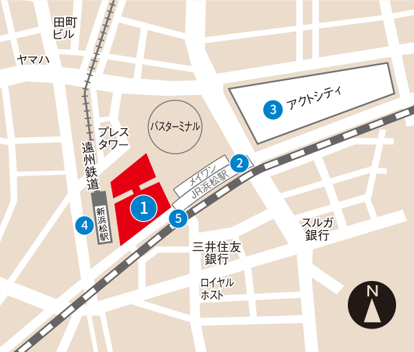 1.Entetsu Department Store　2.JR Hamamatsu Station　3.ACT CITY Hamamatsu　4.Enshu Railway Shin-Hamamatsu Station　5.BICCAMERA